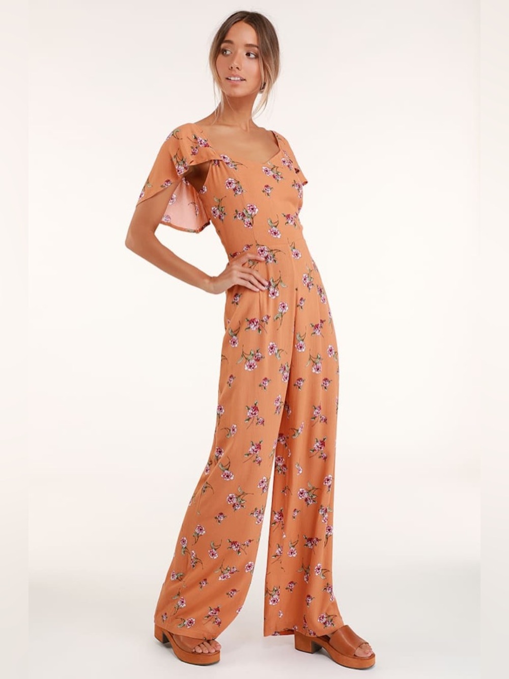 Lulu’s | Sunlit Veranda Terra Cotta Floral Print Wide-Leg Jumpsuit